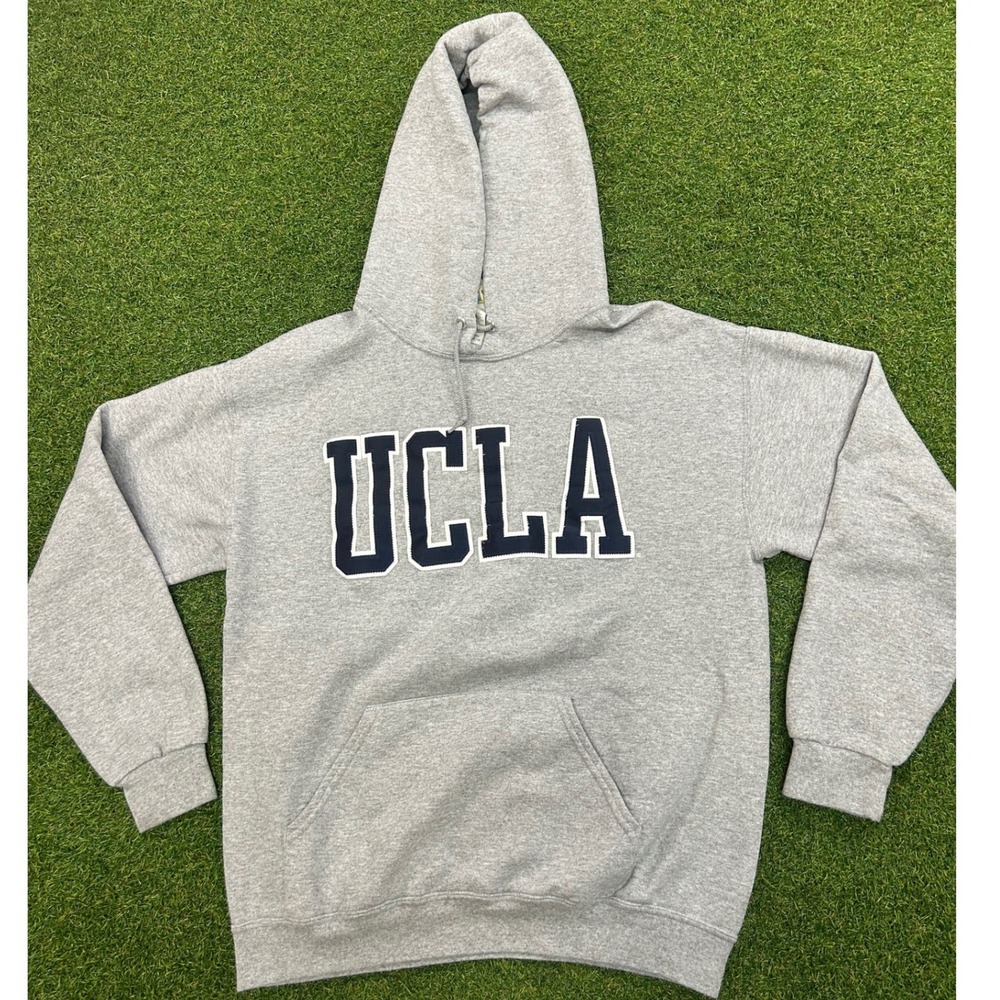 UCLA Bruins Hoodie Sweatshirt Gray Navy Blue Tackle Twill Logo Mens Medium